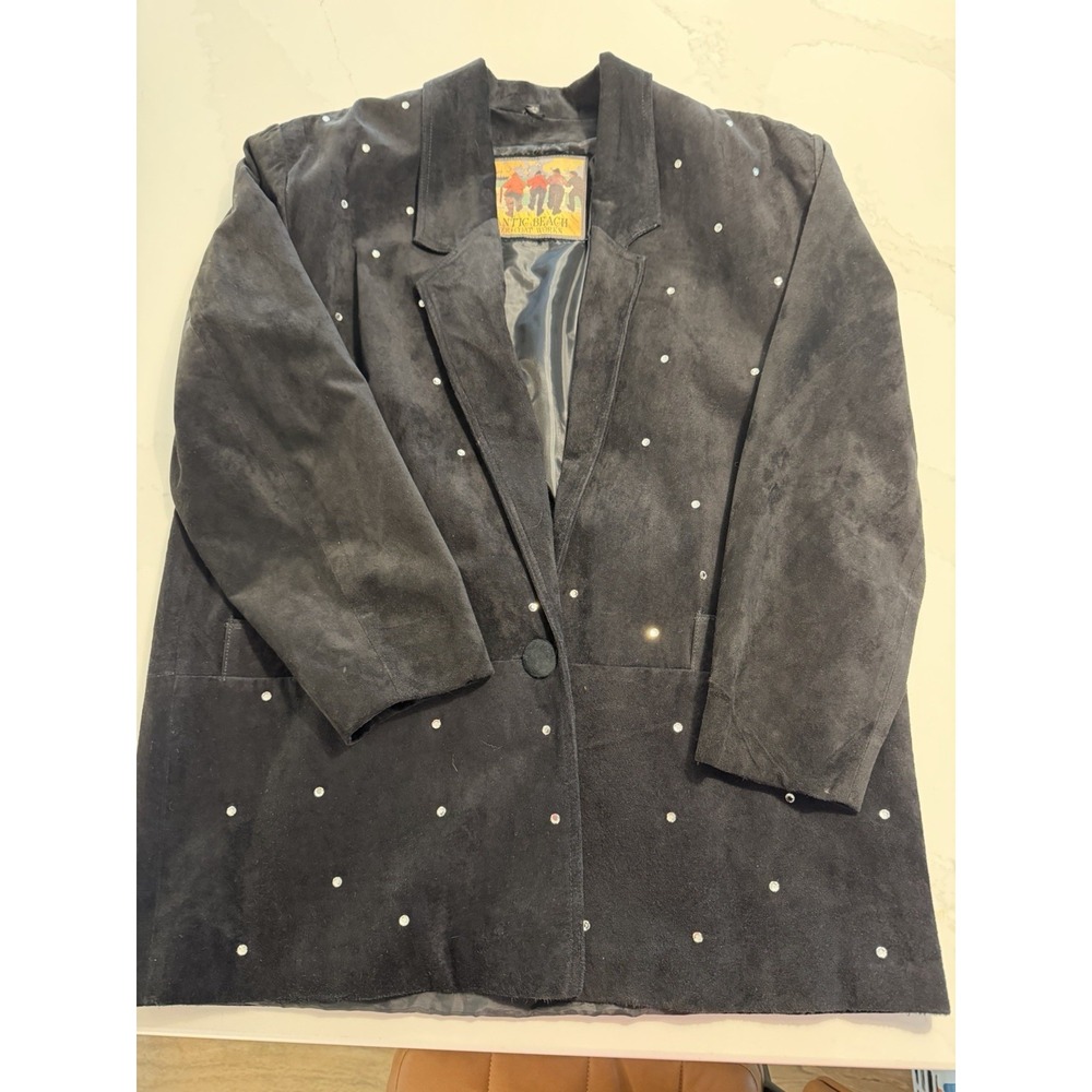Atlantic Women's Suede Coat Jacket Black Large Rhinestones Y2K